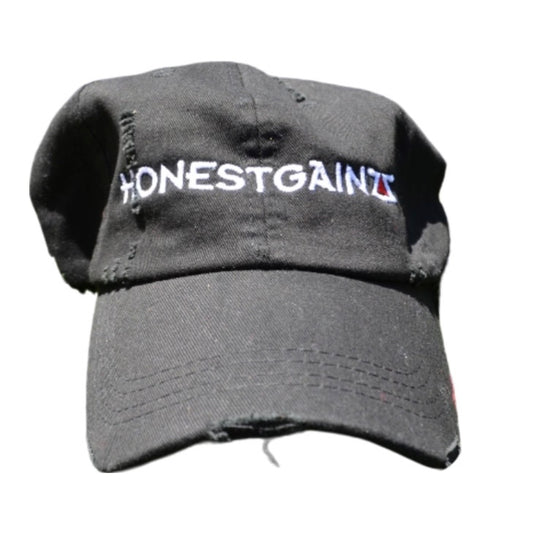 HONESTGAINZZ BLACK COTTON DISTRESSED DAD HAT ADJUSTABLE VELCRO STRAP