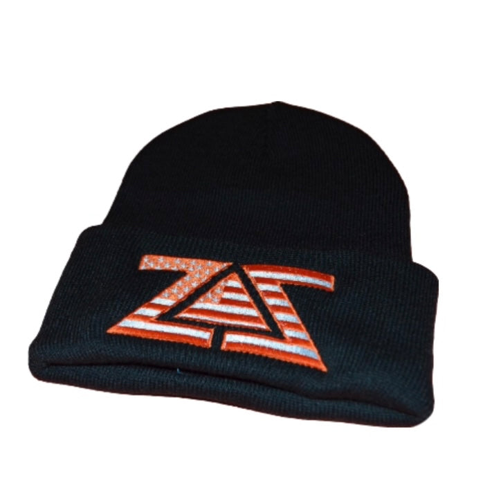 ZZ AMERICAN FLAG BEANIE - BLACK, ORANGE & WHITE USA FLAG EMBROIDERY