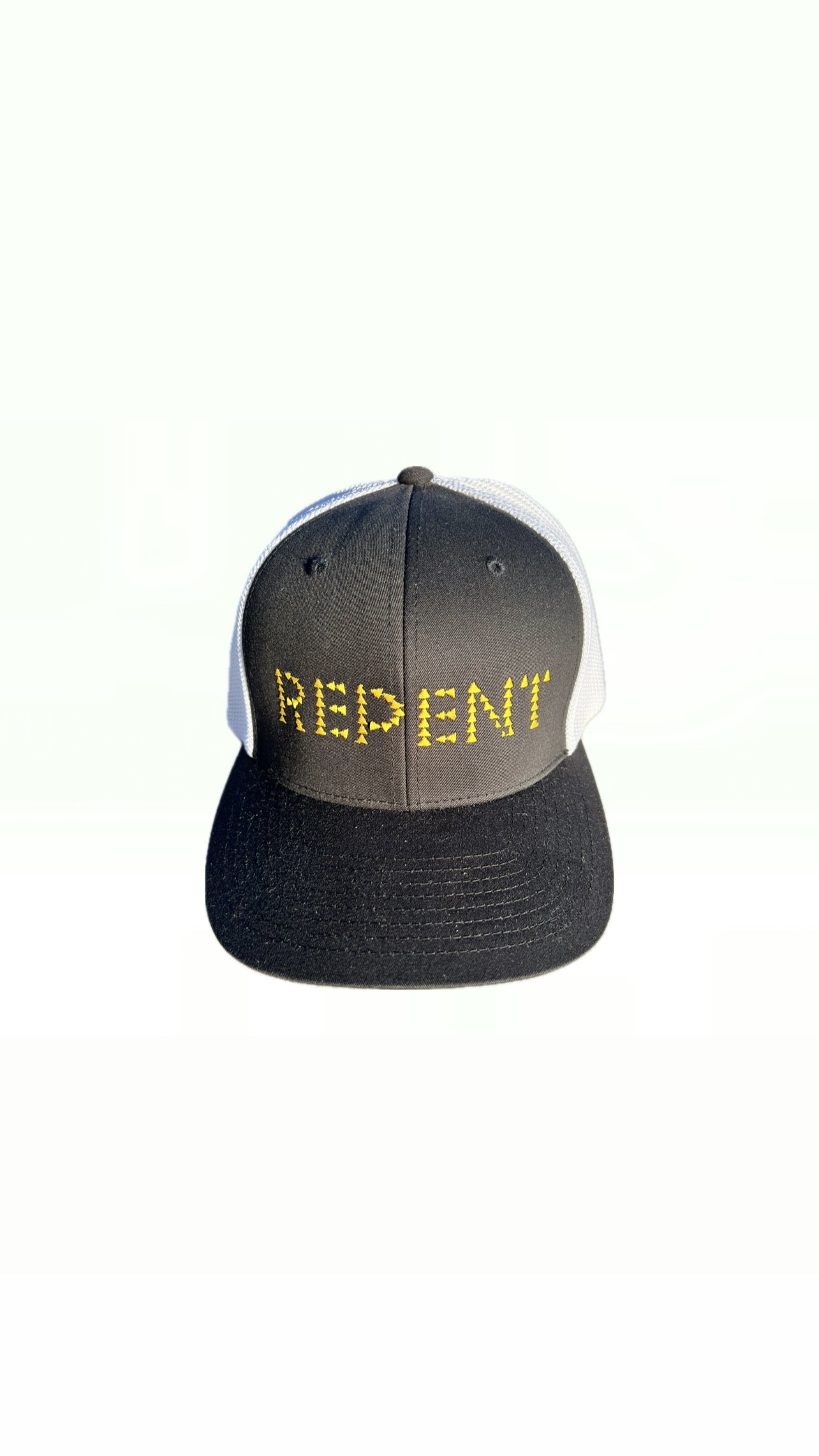 REPENT BLACK, WHITE FITTED TRUCKER HAT