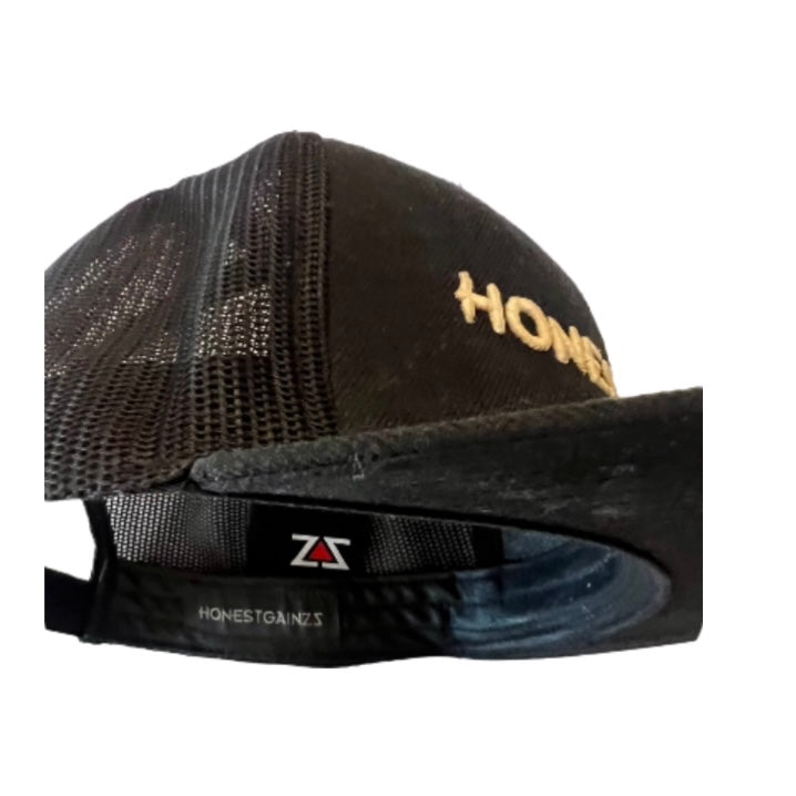 HONESTGAINZZ CLASSIC FLAT BRIM TRUCKER HAT BLACK WITH WHITE EMBROIDERY