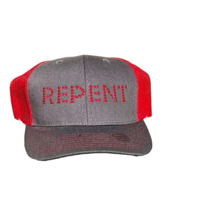 REPENT GREY & RED SNAPBACK TRUCKER HAT