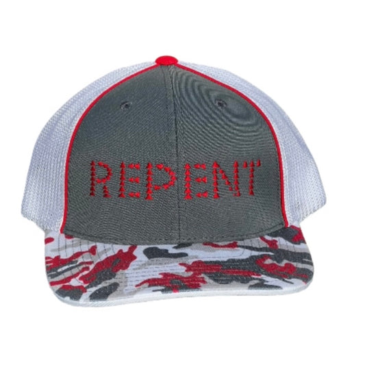 REPENT CAMO GREY, WHITE & RED FITTED TRUCKER HAT