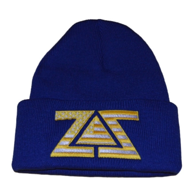 ZZ AMERICAN FLAG BEANIE - ROYAL BLUE, WHITE & GOLD USA FLAG EMBROIDERY