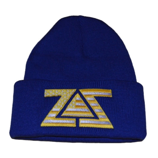 ZZ AMERICAN FLAG BEANIE - ROYAL BLUE, WHITE & GOLD USA FLAG EMBROIDERY