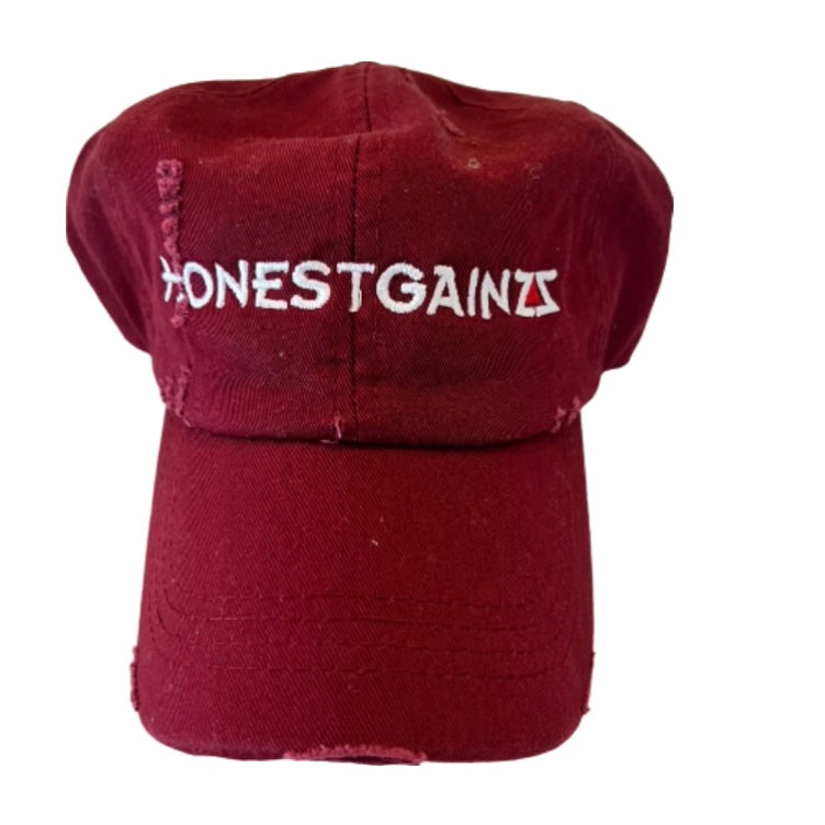 HONESTGAINZZ MAROON COTTON DISTRESSED DAD HAT ADJUSTABLE VELCRO STRAP