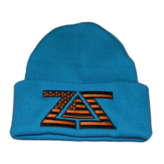 ZZ AMERICAN FLAG BEANIE - TEAL, BLACK & ORANGE USA FLAG EMBROIDERY