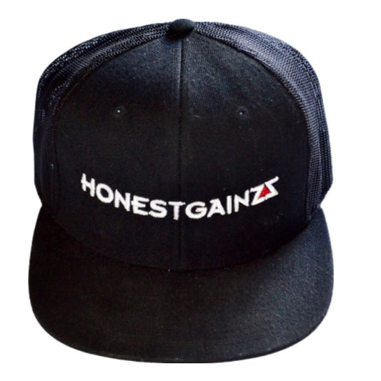 HONESTGAINZZ CLASSIC FLAT BRIM TRUCKER HAT BLACK WITH WHITE EMBROIDERY