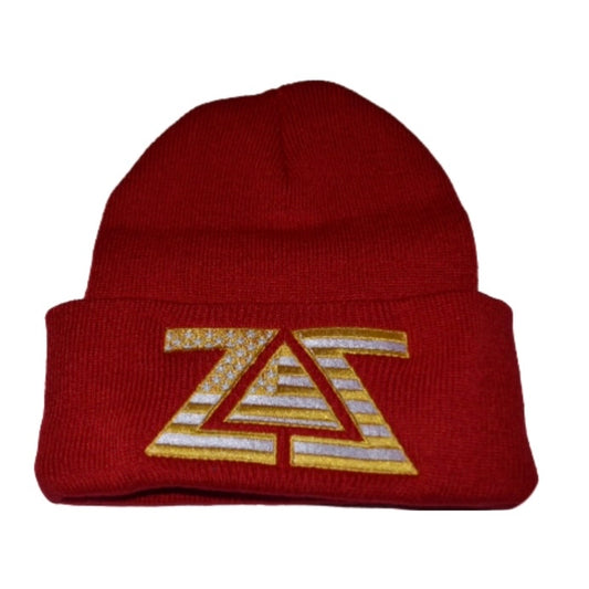 ZZ AMERICAN FLAG BEANIE - WHITE, GOLD & SCARLET USA FLAG EMBROIDERY