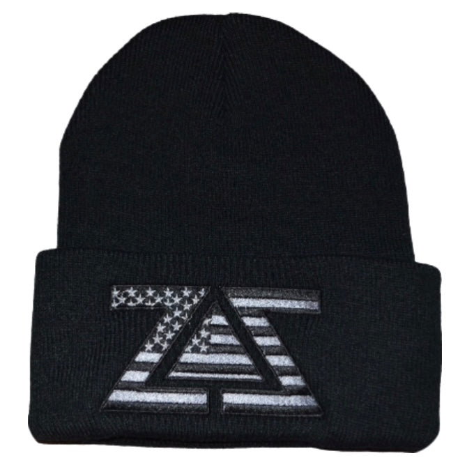 ZZ AMERICAN FLAG BEANIE - BLACK, BLACK & SILVER USA FLAG EMBROIDERY